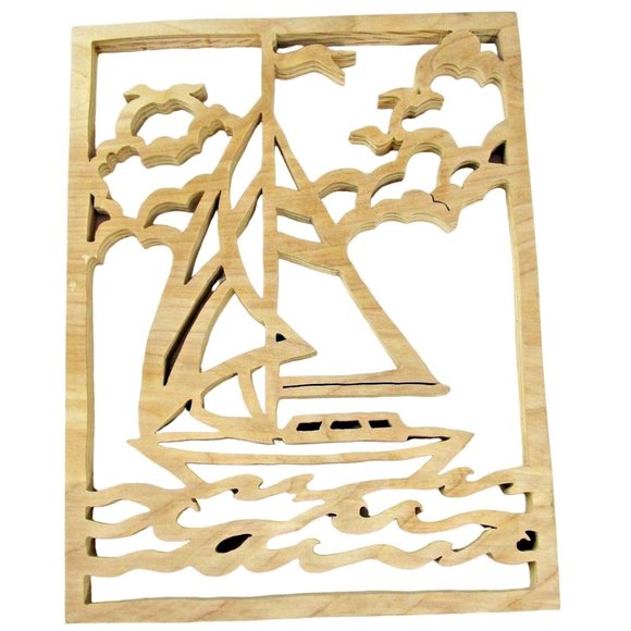 Handmade Unfinished Raw Scrollsaw Sailboat Wood Picture Decor - Picture 1 of 3